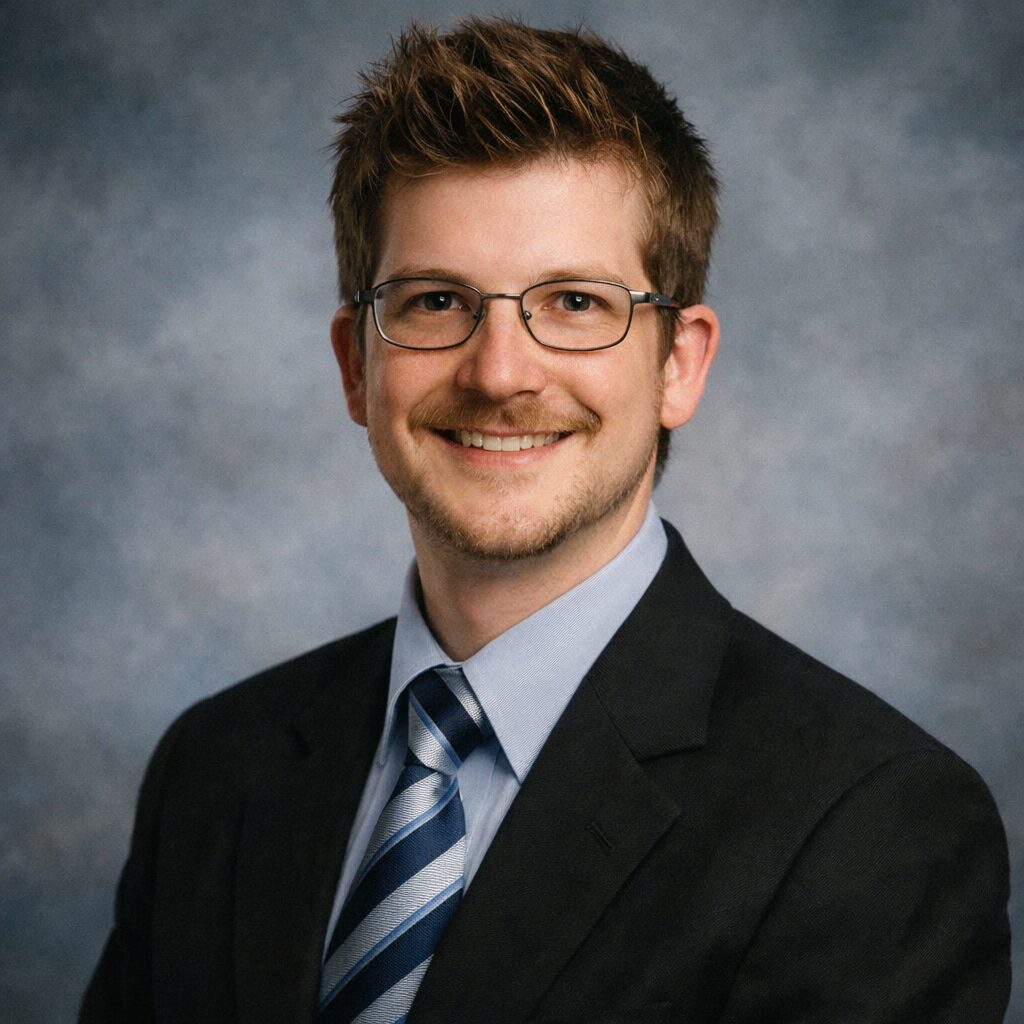 Businessporträt eines jungen Mannes im Anzug mit Krawatte vor blauem Studiohintergrund – Bewerbungsfoto im Stil von vor über zehn Jahren