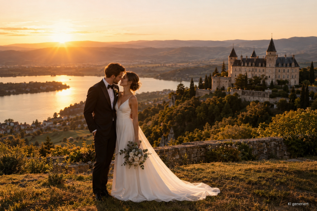 Romantisches Brautpaar im schlichten Brautkleid und schwarzen Smoking vor einem Schloss am See im warmen Licht der goldenen Stunde. KI-generiertes Beispielbild.